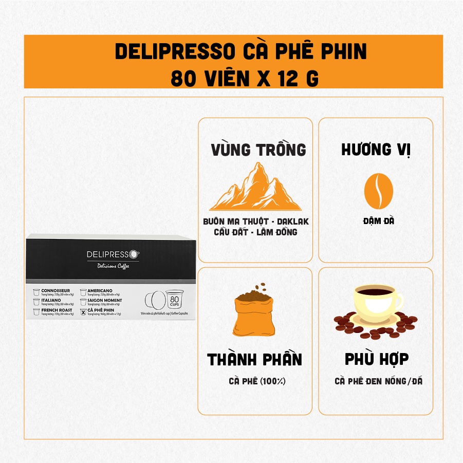 Cà Phê Viên Nén Delipresso K-Cup - Cà Phê Phin - 80 viên x 12g - Phương Vy Coffee