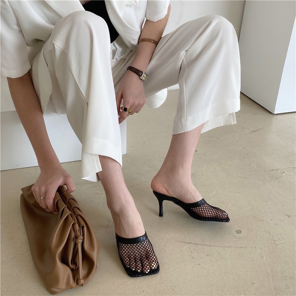 Giày mules lưới mũi vuông cao gót 7cm
