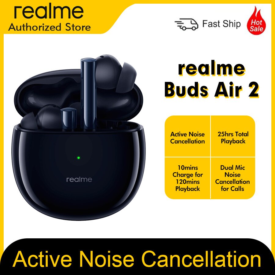 Tai Nghe Không Dây realme Buds Air 2 ANC 25hrs Total Playback 88ms Siêu Thấp Dày 10mm Chất Lượng Cao