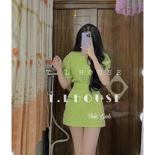 Set váy đi dự tiệc cưới, chân váy ôm lưng cao có túi áo kiểu nữ cổ tròn có khuy gài phong cách bánh bèo