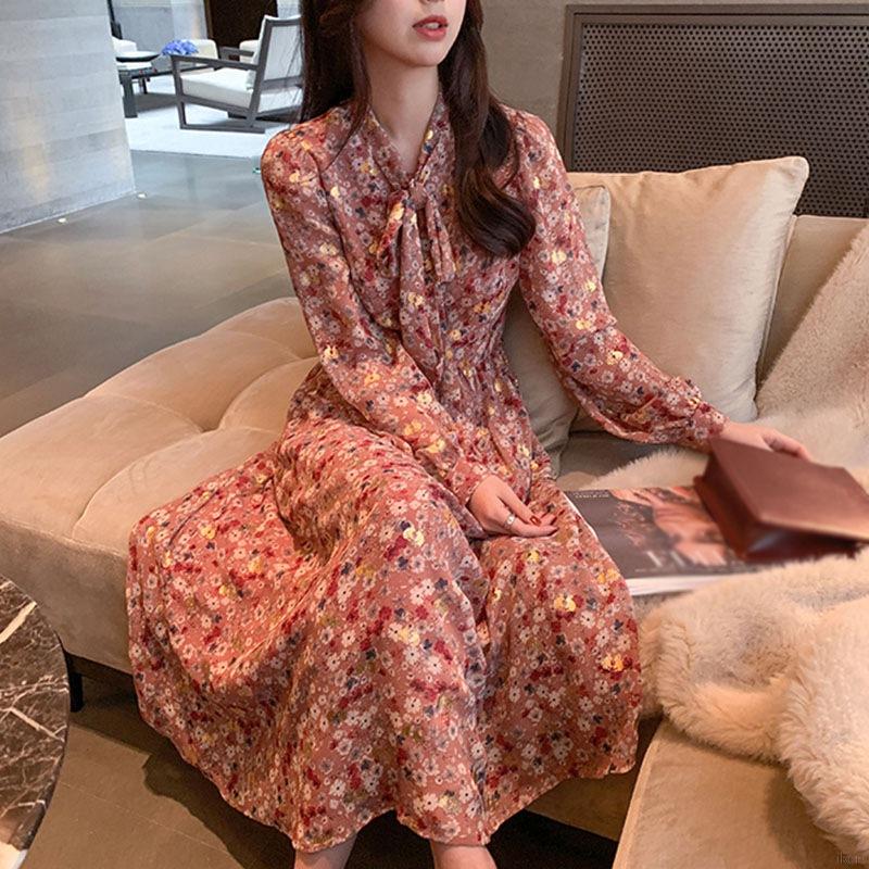Váy tay dài chất chiffon họa tiết hoa thiết kế phối nơ nữ tính