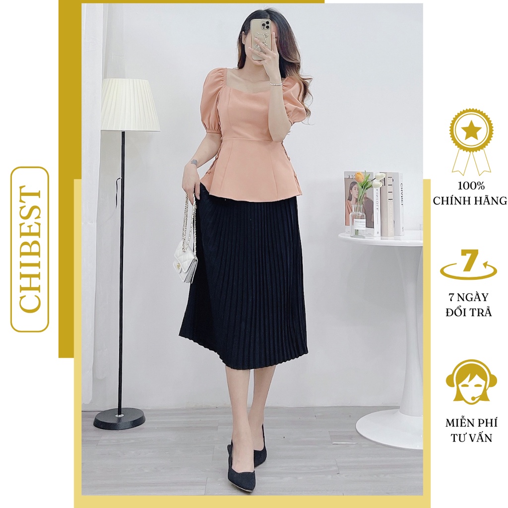 Áo Kiểu cổ vuông nút bọc viền hông phối tay phồng CHIBEST DAB710
