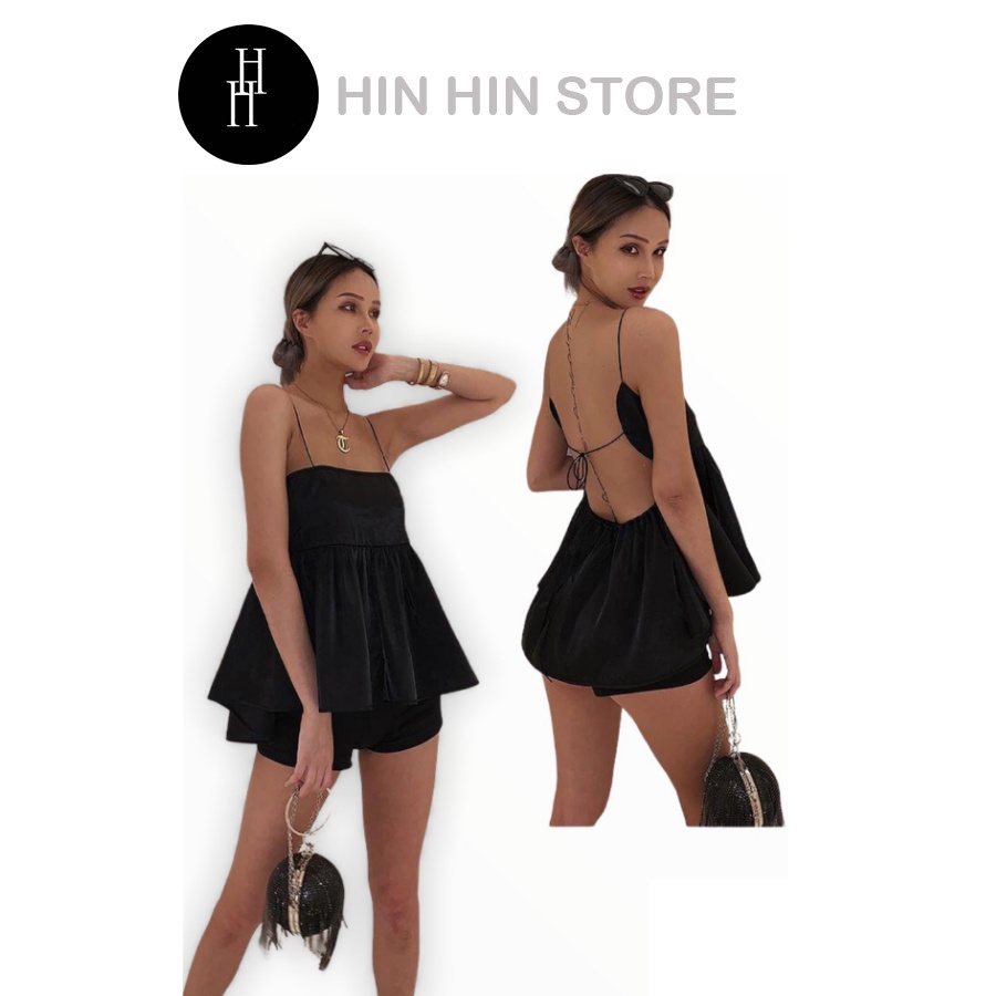 Set lụa 2 dây hở lưng màu đen áo babydoll xoè &amp; quần short ôm co giản HS71 - Hỉn Hỉn Store