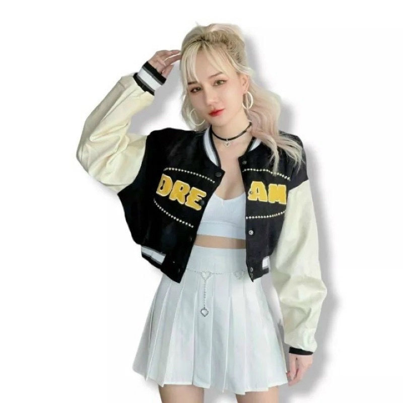 (vải đẹp) Áo bomber croptop từ  40-65kg mặc 2 lớp lót dù và túi trong logo thêu