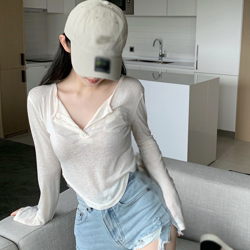 Áo Thun Tay Dài Dáng Ôm Vải Mỏng Thời Trang Mùa Hè Cho Nữ