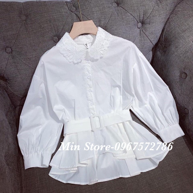Áo thắt đai cổ ren