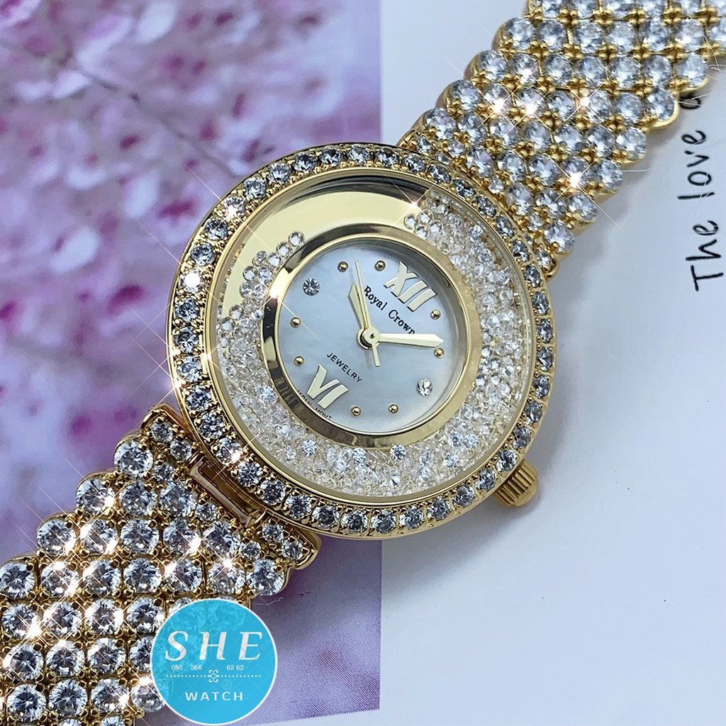 [BẢO HÀNH 24 THÁNG-FULL BOX] Đồng hồ nữ ROYAL CROWN Đồng hồ pin viền vàng dây lớn đính FULL đá size 32mm SANG TRỌNG QUÝ | BigBuy360 - bigbuy360.vn