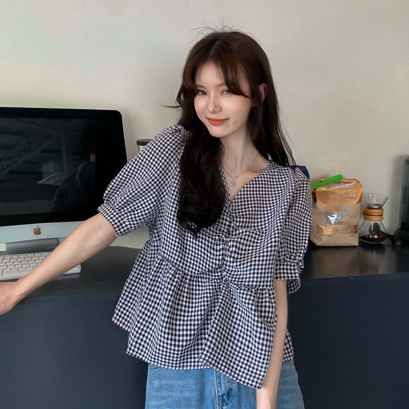 COZOK Áo Sơ Mi Tay Ngắn Cổ Chữ V Họa Tiết Sọc Caro Phong Cách Hàn Quốc