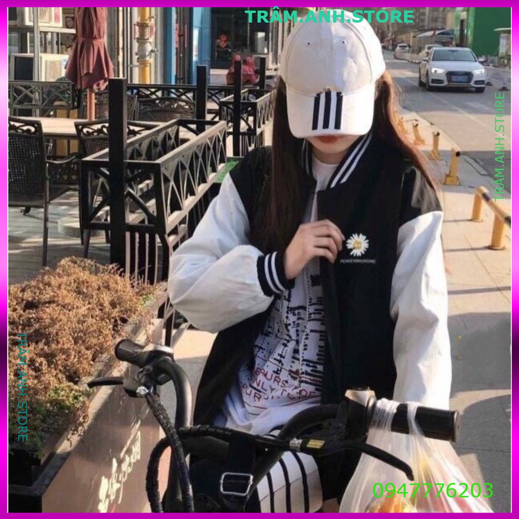 ÁO KHOÁC HOA CÚC PEACEMINUSONE SỌC VIỀN 2 KIỂU - BOMBER JACKET THÊU HOA SỌC RAGLAN TRẮNG ĐEN HOT 👗 👑