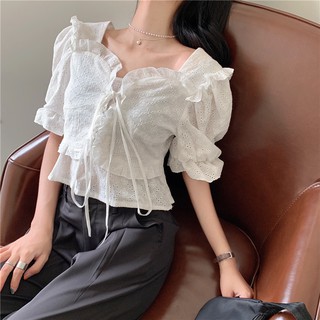 Áo trắng ren hoa thắt nơ