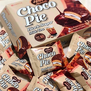 Bánh Lotte Chocopie vị TRÀ SỮA ĐUỜNG ĐEN/ CHUỐI/ TRÀ XANH - Hộp 336G x 12 Gói (độc quyền mới ra mắt)