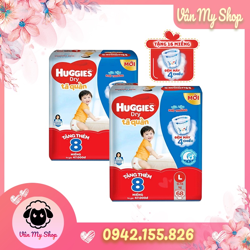 Combo 2 Tã/Bỉm Quần Huggies M74/L68/XL62/XXL56 mẫu đệm mây 4 chiều tặng 16 miếng