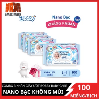 Combo 3 gói khăn giấy ướt Bobby Baby Care Nano bạc không mùi 100 miếng/bịchX3