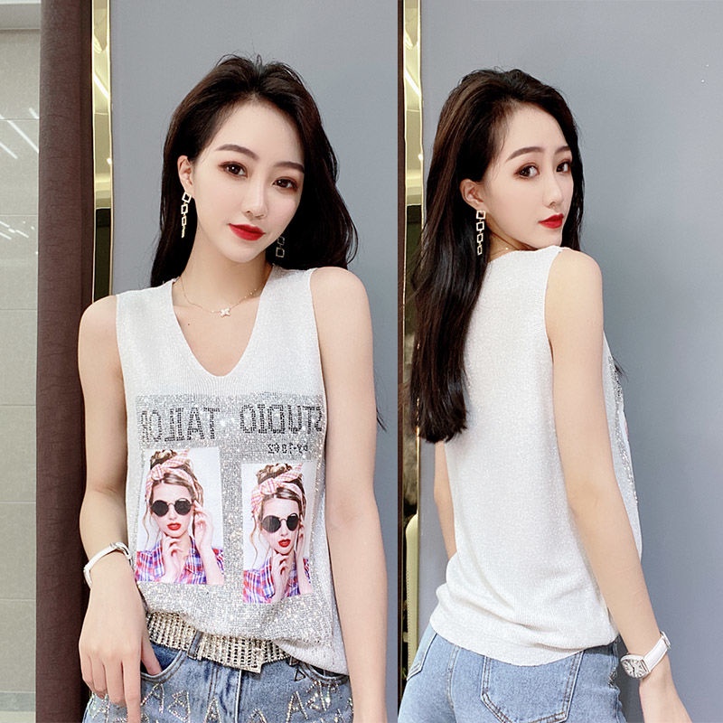 Áo Hai Dây Cổ Chữ V Dáng Rộng Bằng Lụa Sáng Lấp Lánh Đính Đá Thời Trang Mùa Hè Hàng Mới Dễ Phối Đồ Dành Cho Bạn Nữ