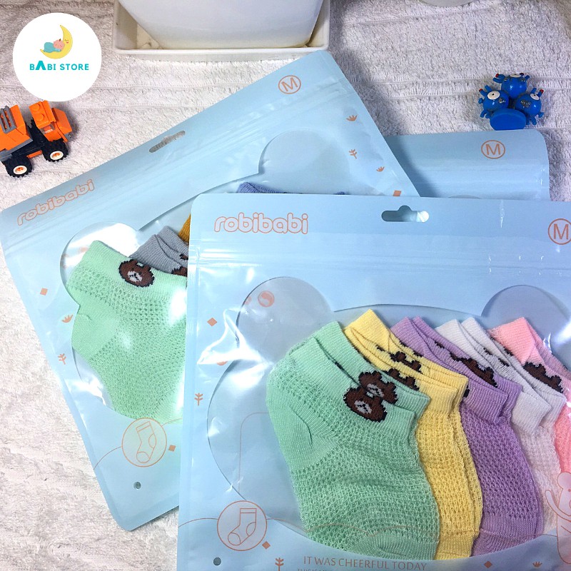 Set 5 Tất/Vớ lưới sơ sinh hình gấu cho bé hàng đẹp có size và ảnh thật