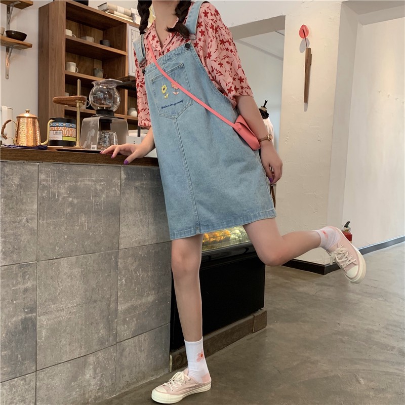 Đầm yếm Xiaozhainv chất denim form rộng họa tiết thêu trẻ trung cho nữ | BigBuy360 - bigbuy360.vn