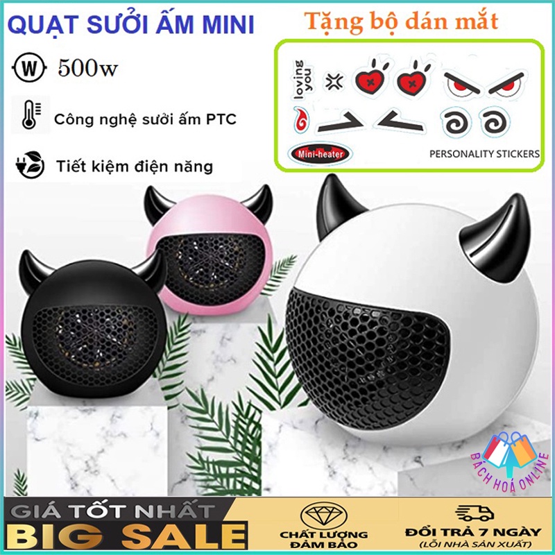 Quạt sưởi mini 2 chiều để bàn - Máy sưởi mini hình tiểu quỷ tinh nghịch công suất 500W - Tặng bộ gián Stiker