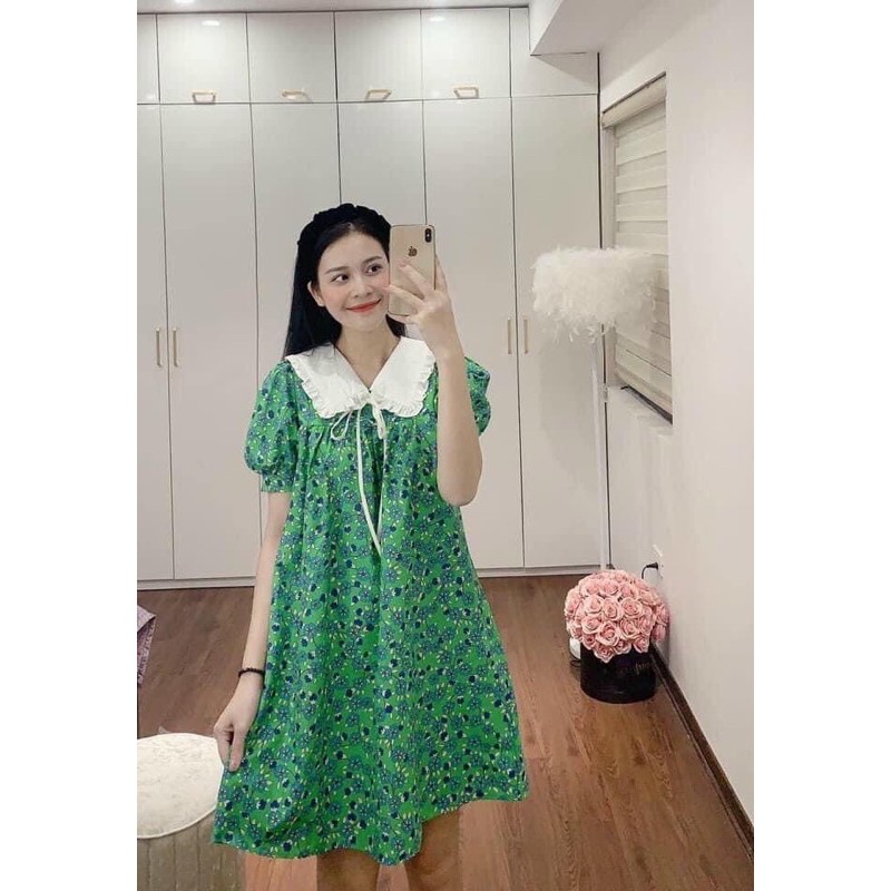 Đầm dáng suông hoa xanh lá cổ sen trắng viền bèo thắt nơ (kèm ảnh thật) (NP)