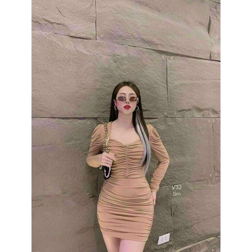 Đầm body tay dài nhún ngực xinh xinh chất liệu umi mềm mịn thoang mát fashionzero - 72071