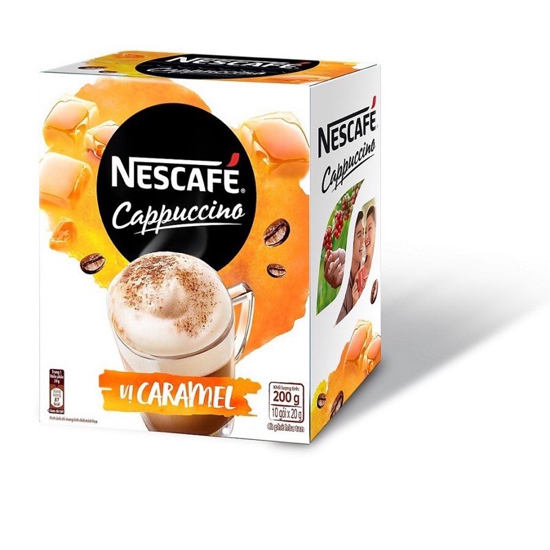 NESCAFE CAPPUCCINO 2 VỊ DỪA - CARAMEL  HỘP 200G(10 GÓI X 20G)