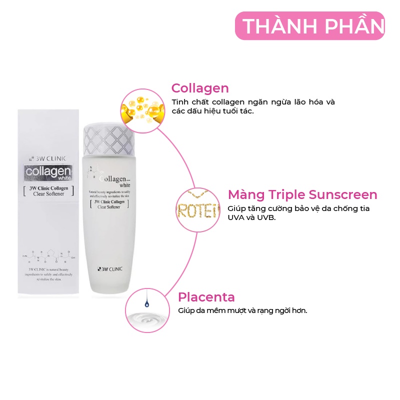Nước hoa hồng dưỡng trắng da se khít lỗ chân lông chiết xuất từ Collagen 3W Clinic Hàn Quốc 150ml