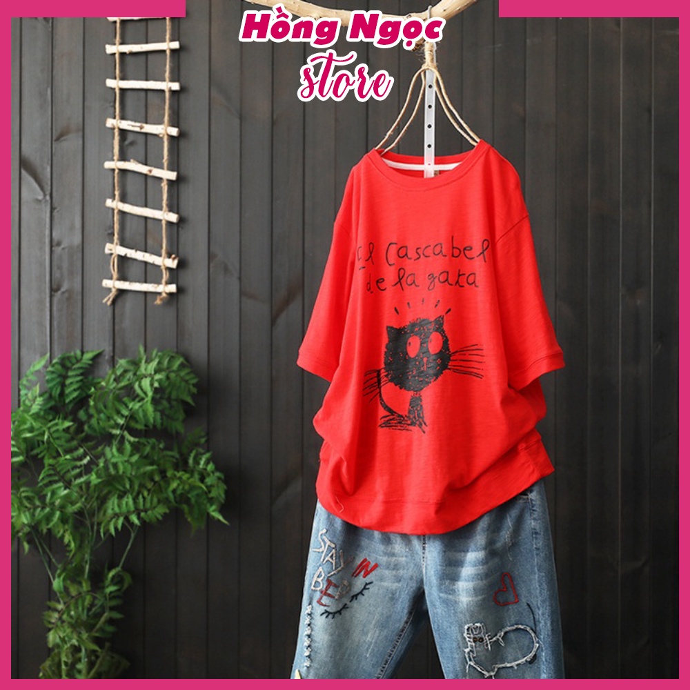 Áo thun nam nữ form rộng, Áo phông tay lỡ, chất liệu thun cotton co giãn, áo unisex in hình Mèo Hồng Ngọc Store