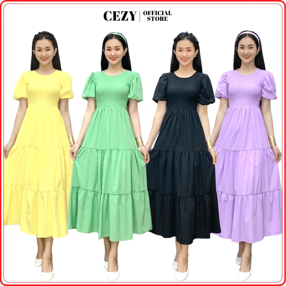 Đầm maxi màu trơn đi biển tay phồng có size bigsize Cezy D72
