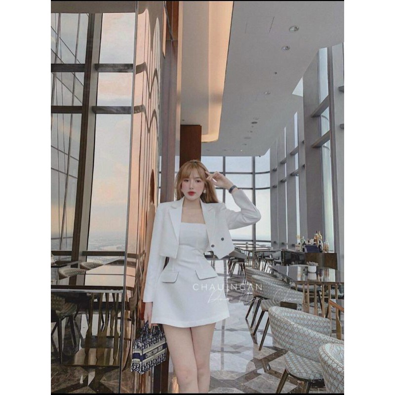 Set váy 2 dây cotton lạnh + khoác vest túi viền