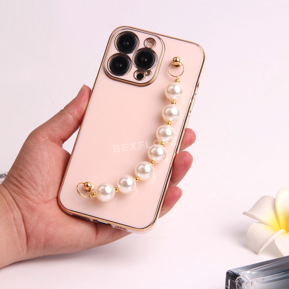 Ốp Điện Thoại Dẻo Mạ Màu Ngọc Trai 3D Sang Trọng Kèm Dây Đeo Cho iPhone 7 8 Plus 11 12 13 Pro MAX X XR XS MAX SE 2020 2022