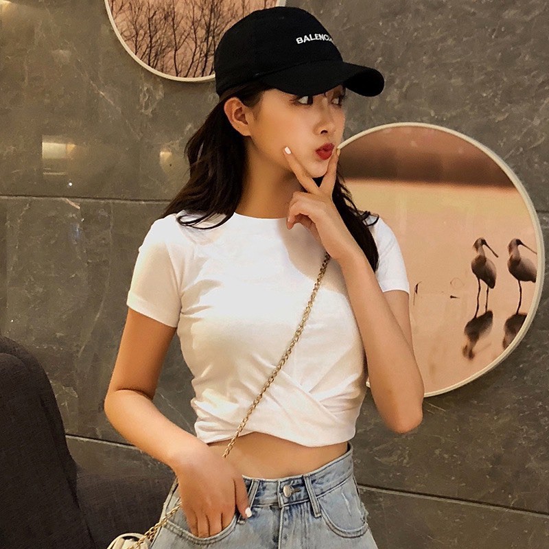 Áo thun croptop xoắn eo ngắn tay