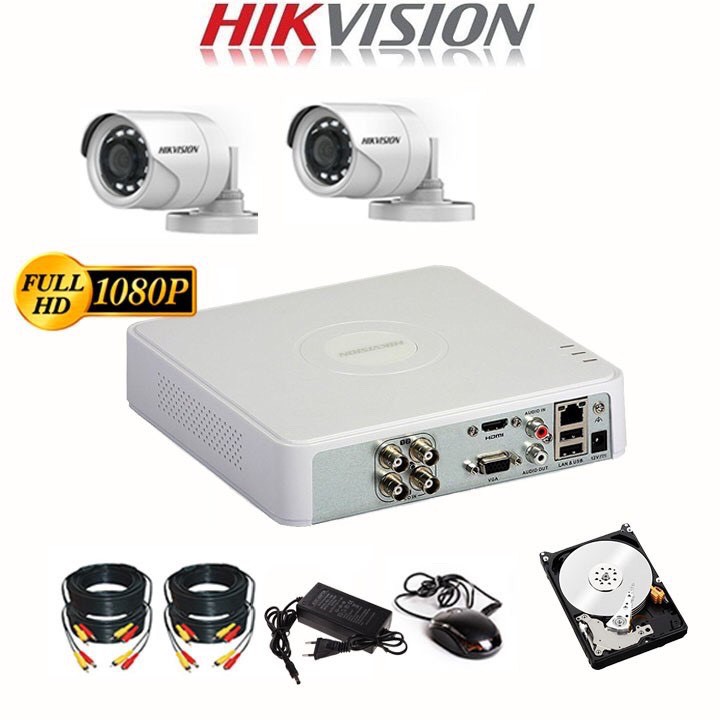 Trọn Bộ Camera giám sát Hikvision 2MP FHD 1080P - Chính Hãng - Đầy đủ Phụ kiện + HDD500GB [ Bộ 1-4 Mắt]