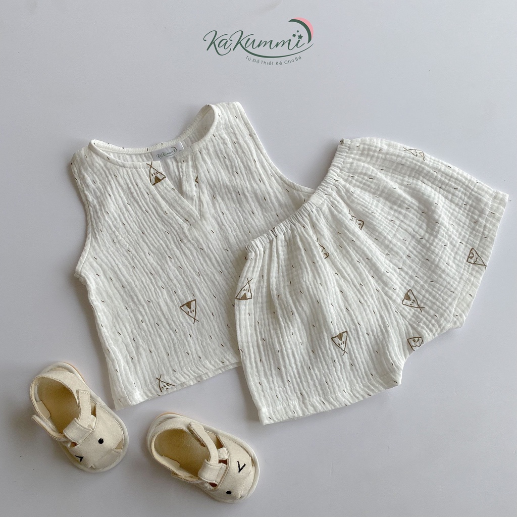 Set đồ sát nách cổ V trẻ em unisex 6-18kg, bộ đồ bé trai gái xô muslin SET006 Kakummi