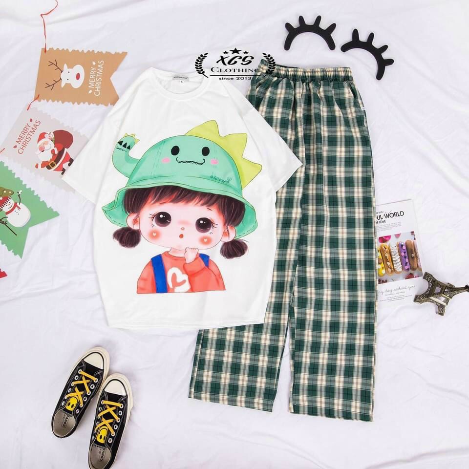 Set đồ nữ quần kẻ caro ống rộng, áo thun Unisex tay lỡ CHILL SHOP, thoáng mát freesize dưới 60kg | BigBuy360 - bigbuy360.vn