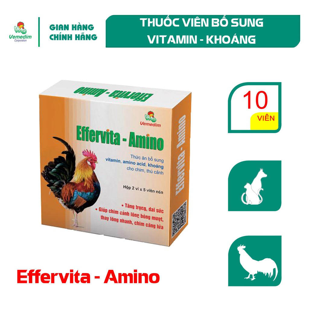 Vemedim Effervita-Amino  thuốc viên bổ sung vitamin, amino acid, khoáng cho chim cảnh, gà đá, chó mèo, hộp 10 viên