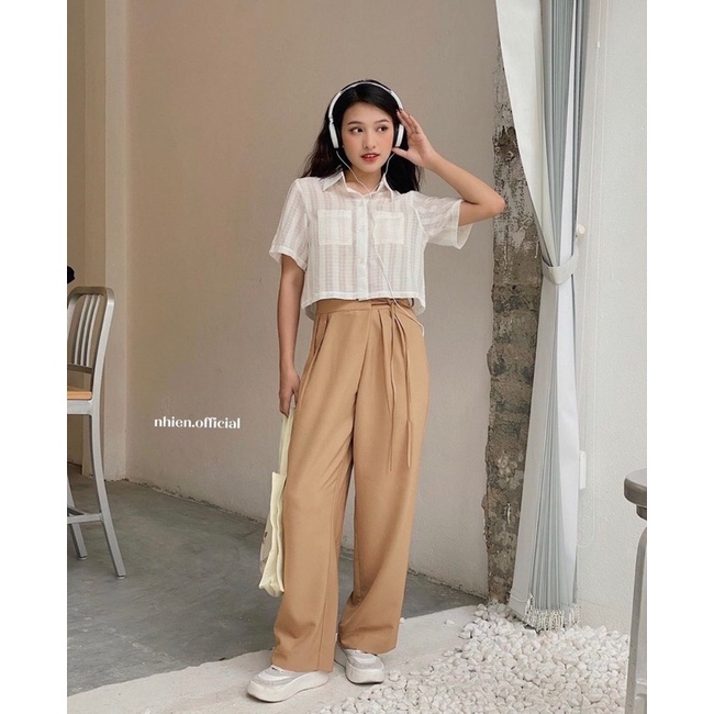 Set Áo Sơmi Đũi Mix Quần Suông Nâu Cá Tính Có Ảnh Thật, Set Bộ Nữ Vintage