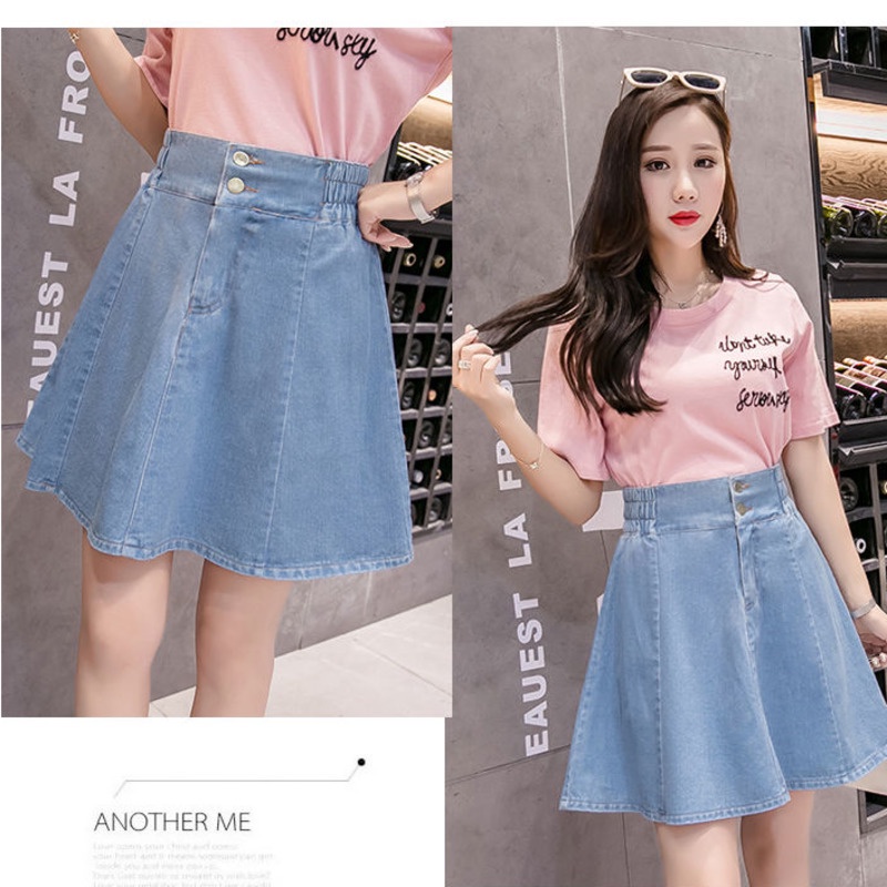 Chân váy jeans denim RENJIANVSHENG lưng cao trẻ trung thời trang Hàn Quốc