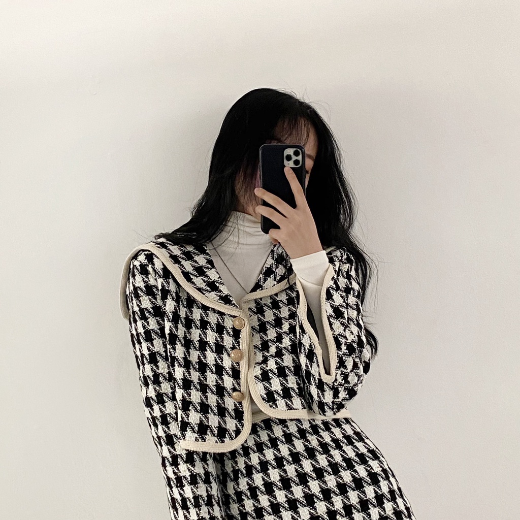 Áo khoác cardigan tay dài/ Chân váy chữ A lưng cao họa tiết houndstooth phong cách retro 45362 | BigBuy360 - bigbuy360.vn