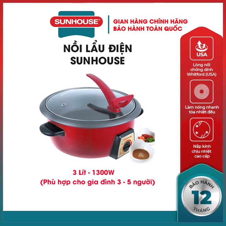 Nồi lẩu điện đa năng SUNHOUSE SHD4521-2022 dung tích 3L chống dính cao cấp dùng nấu lẩu hầm rán xào