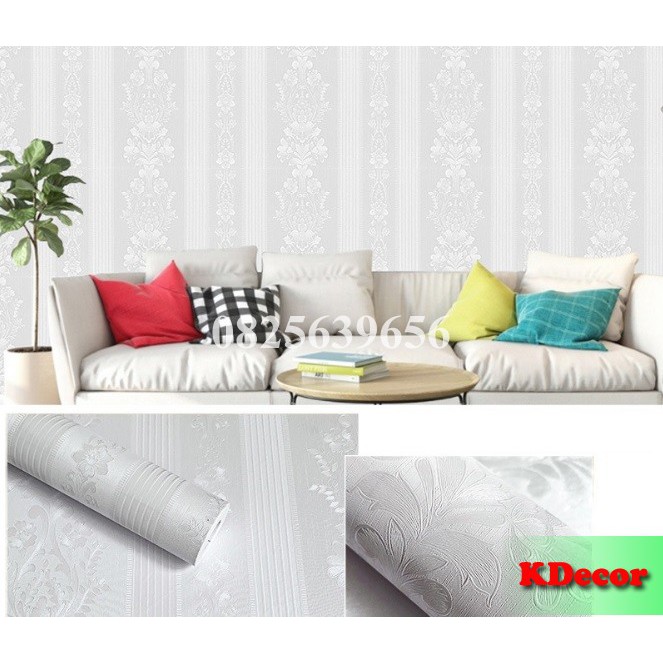10 mét giấy dán tường sẵn keo hoa văn 3d trắng siêu đẹp