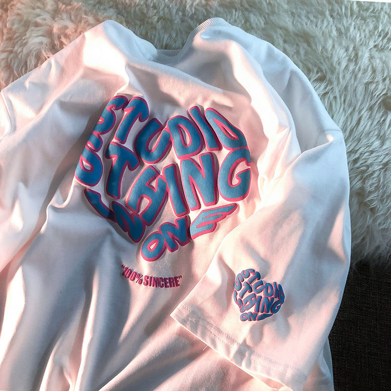 Áo thun ngắn tay dáng rộng in hình gấu kiểu Hồng Kông cá tính cho nữ