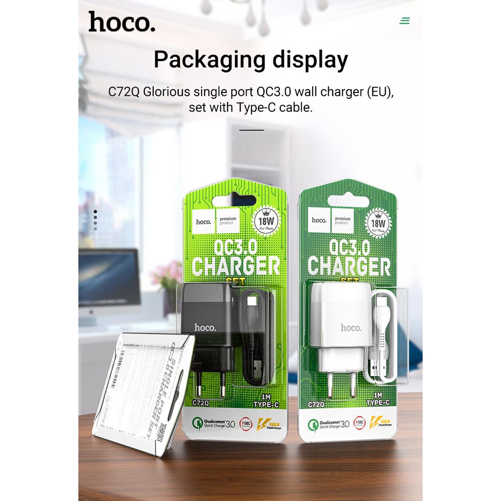 Bộ Sạc Nhanh 18W Hoco C72Q 3A Type C Micro USB Siêu bền PVC An Toàn Cho Samsung Huawei Xiaomi Oppo Android Chính Hãng