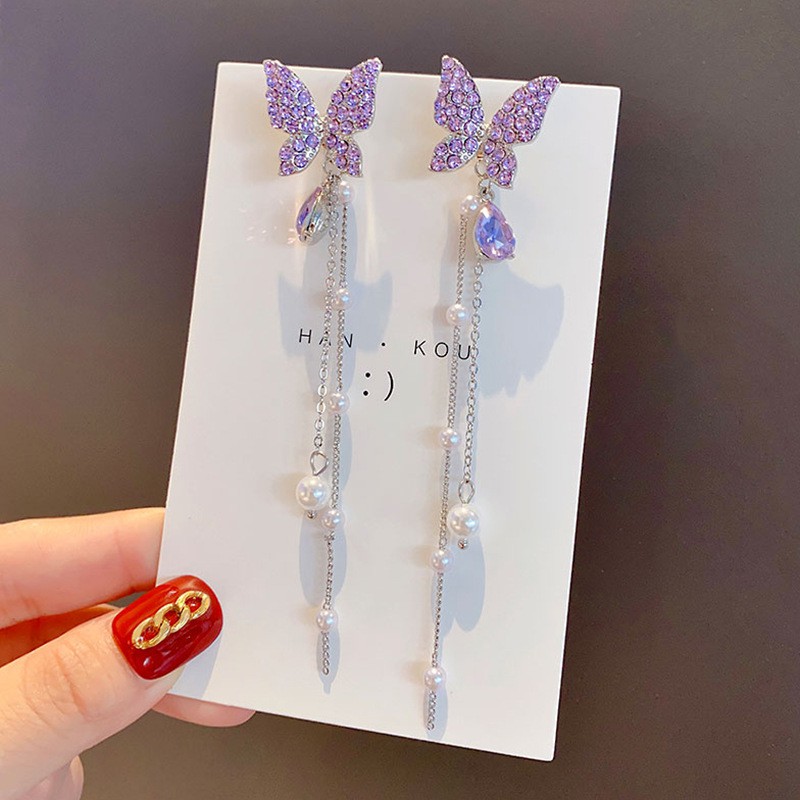 Bông Tai Mạ Bạc 925 Hình Bướm Dáng Dài Đính Đá Sang Trọng