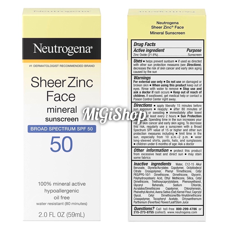 Kem Chống Nắng Cho Da Mặt Neutrogena Sheer Zinc Face Mineral Sunscreen SPF50 59ml