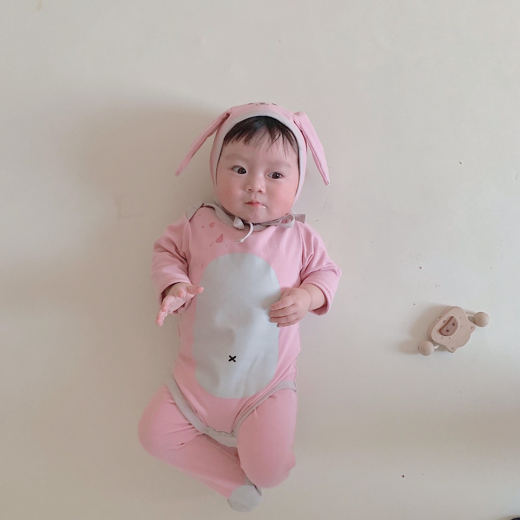 Bộ Áo Liền Quần Màu Hồng In Hình Thỏ Dễ Thương Thời Trang Thu Đông Cho Bé Gái 0-24 Tháng Tuổi