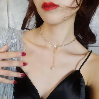 Vong choker kim loại đính đá mặt ngôi sao năm cánh tua dài đính hạt ngọc