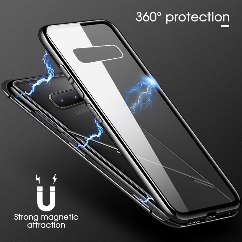 Ốp điện thoại kính cường lực viền kim loại nam châm chống sốc cho Samsung Galaxy S10 S9 S8 Plus Samsung Note 8 9