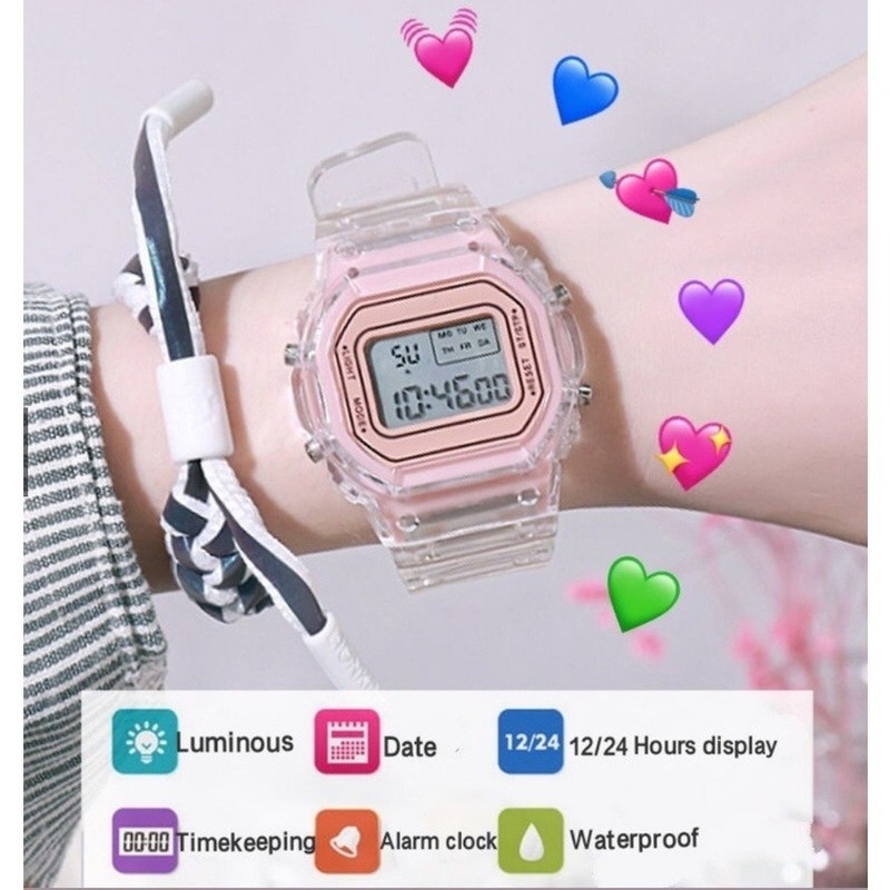 Popkozzi Đồng Hồ Điện Tử Chống Thấm Nước Mặt Vuông Trong Suốt Thời Trang Dành Cho Nữ