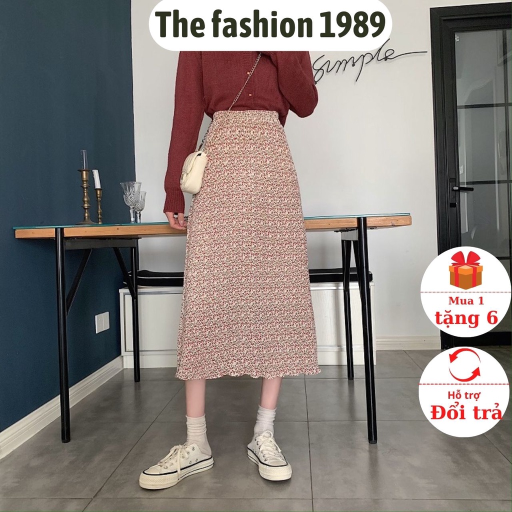 Chân váy midi hoa nhí nhăn Quảng Châu - chân váy phong cách vintage nhiều màu - hàng có sẵn