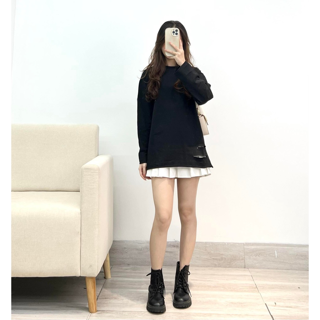 Áo thun dài tay trắng trơn rách gấu áo Ulzzang
