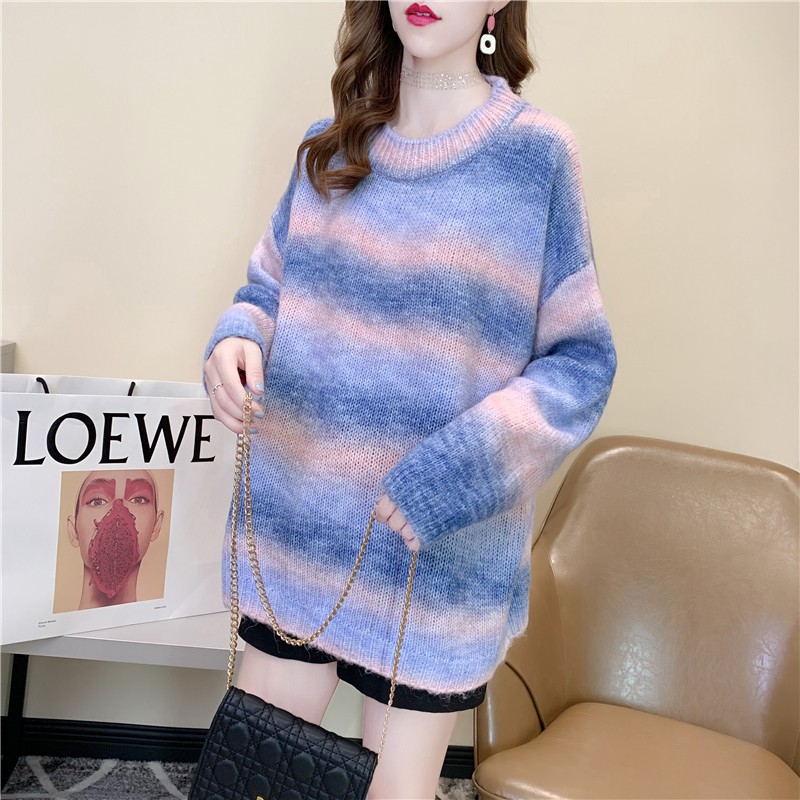 Áo Len Sọc Xanh Free Size Quyên Fashion Áo Nữ Phom Rộng Hàn Quốc Trễ Vai